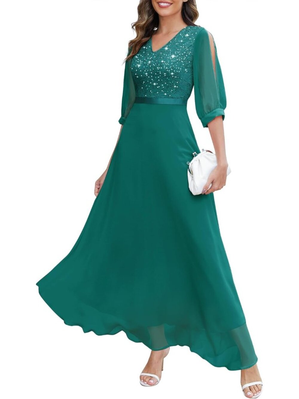Women's Peacock Sequin Sparkly Glitter Split Sleeves Formal Bodycon Maxi Dress